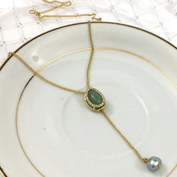 NEW! J. CREW Gold-plated stone and freshwater pearl drop necklace Green Apple - Picture 1 of 7